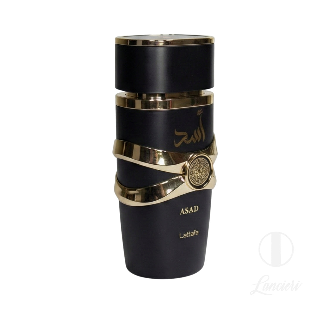 frasco Perfume Lattafa Asad Masculino Eau de Parfum detalhe lateral
