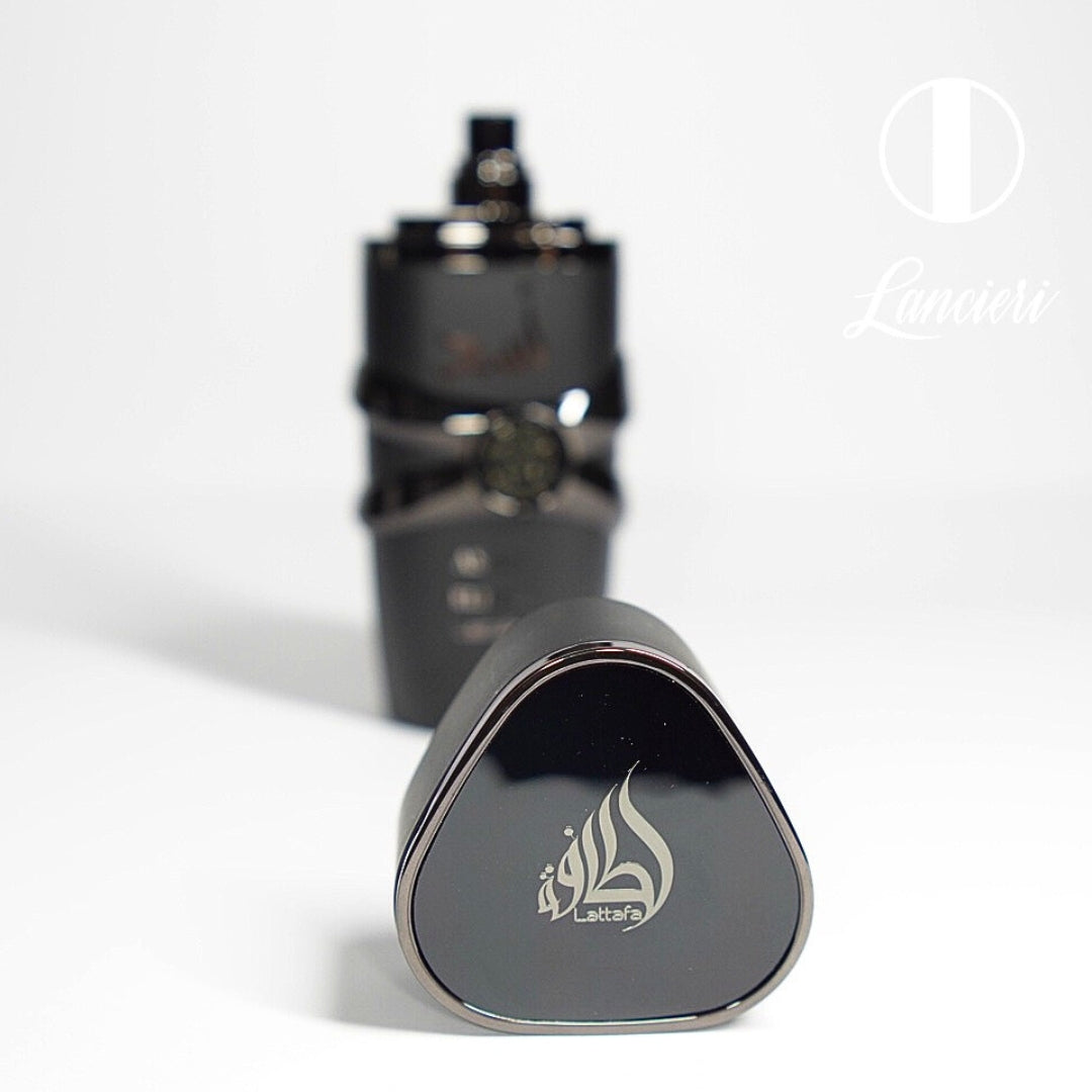 frasco Perfume Lattafa Asad Elixir Masculino detalhe lateral