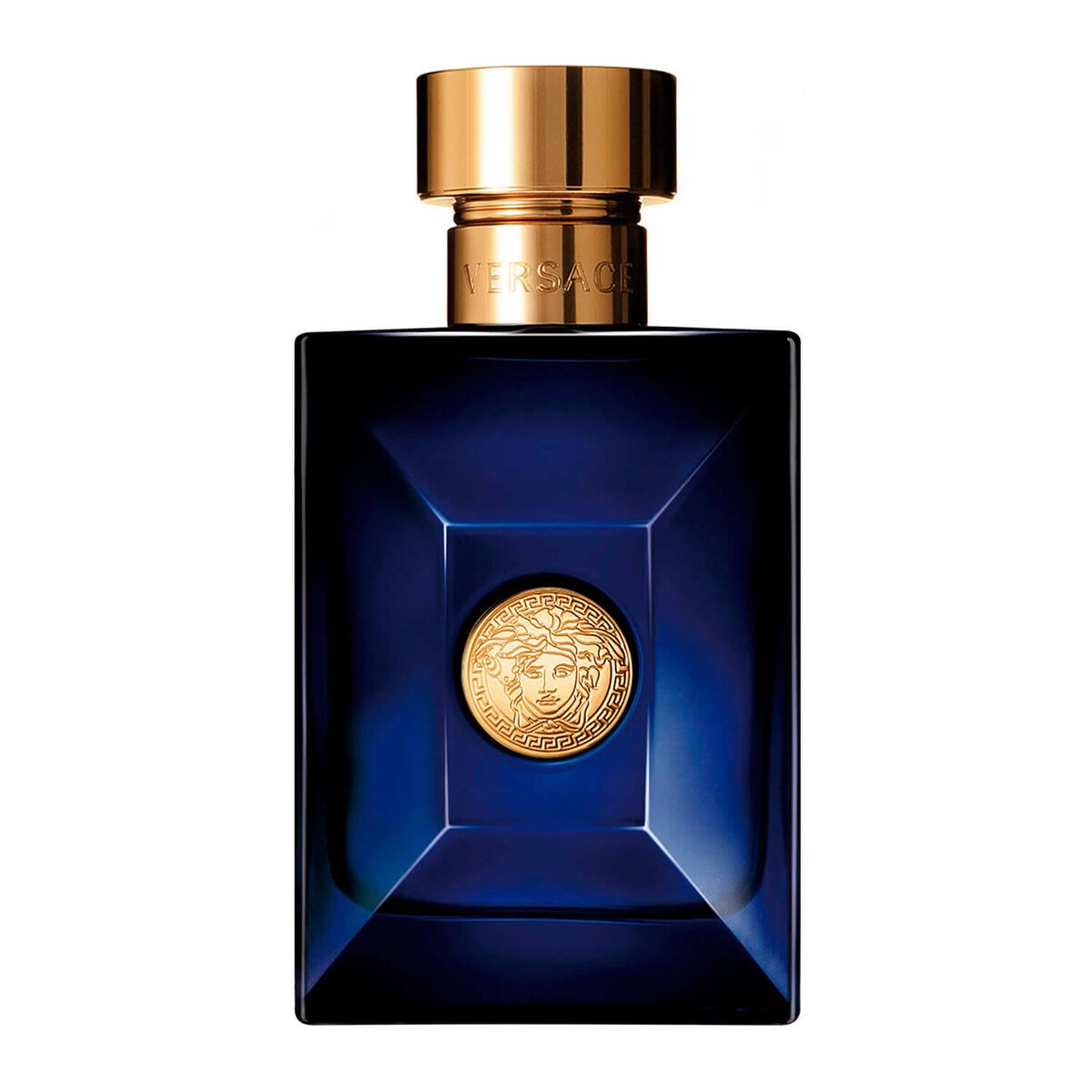 frasco Perfume Masculino Versace Dylan Blue Eau de Toilette frente fundo branco