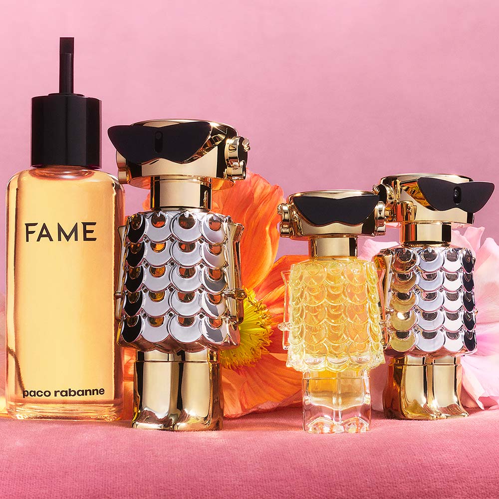 frasco Refil de Perfume Feminino Paco Rabanne Fame Eau de Parfum detalhe do frasco