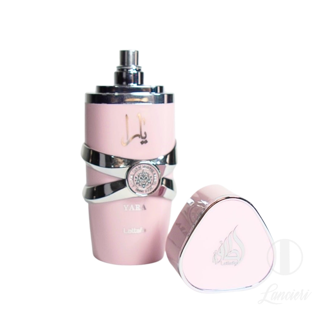 frasco Perfume Lattafa Yara Feminino Eau de Parfum detalhe lateral